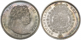 George III, halfcrown, 1816 (S. 3787), beautiful cabinet toning, mint state with original lustre 

Estimate: GBP 300-400