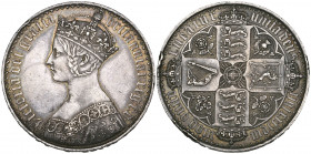Victoria, ‘Gothic’ crown, 1847, lettered edge reads undecimo (E.S.C. 288; S. 3883), significant edge bruising, otherwise good very fine 

Estimate: ...