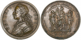 George II, British Victories of 1758, bronze medal, unsigned, laureate armoured bust left, rev., Britannia in small chariot with Justice and Liberty, ...