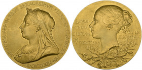 Victoria, Diamond Jubilee, 1897, large official Royal Mint gold medal by de Saulles, after Brock and Wyon, crowned and veiled bust left, rev., young h...