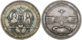 Germany, Baden, Franziska Sibylla Augusta, Markgräfin of Baden, Peace of Rastatt, 1714, silver medal by G.W. Vestner, rev., view of Schloss Rastatt, 4...