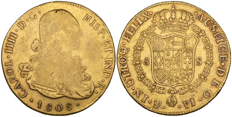 Bolivia, Charles IV, 8 escudos, 1808 pj, Potosí mint, portrait weak, about fine,...