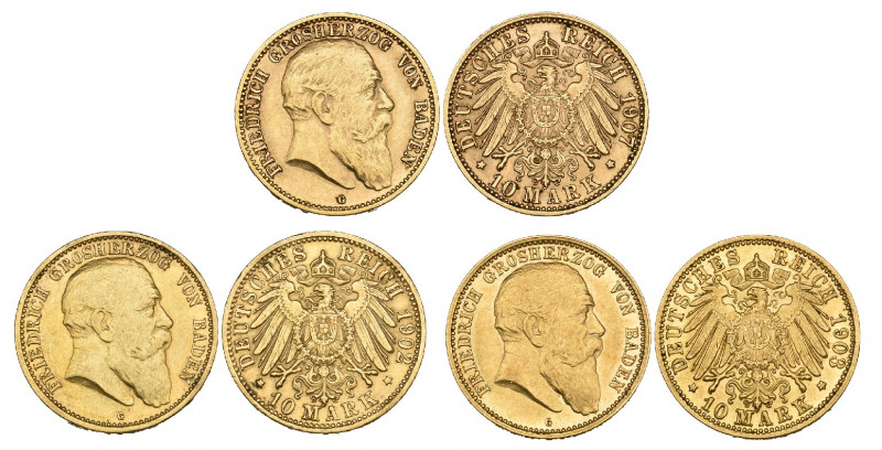 Imperial Germany, Baden, Friedrich II, 10 mark (3) 1902 g, 1903 g, 1907 g, good ...