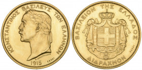 Greece, Constantine I (1913-1917 and 1920-1922), pattern 2 drachmai, 1915, in gold, Paris mint, ΚΩΝΣΤΑΝΤΙΝΟΣ ΒΑΣΙΛΕΥΣ ΤΩΝ ΕΛΛΗΝΩΝ, laureate head left,...