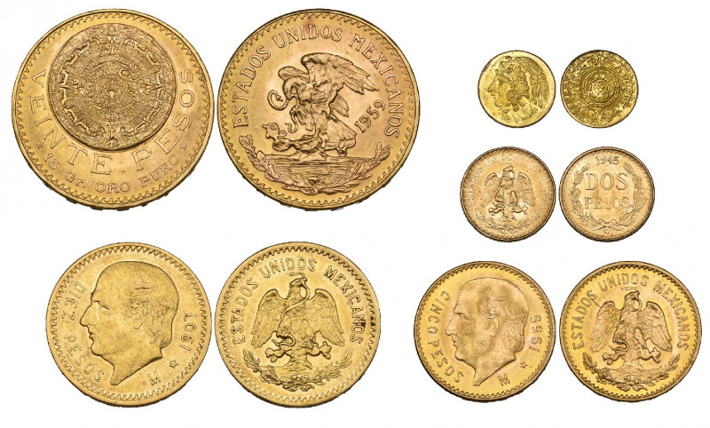 Mexico, 20 pesos, 1959, 10 pesos, 1907, 5 pesos, 1955, 2 pesos, 1945 and Aztec s...