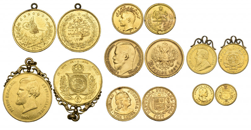 Mounted Gold Coins (6), comprising: Brazil, 20,000 réis, 1861, with elaborate sc...