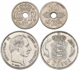 Denmark, Christian X, 10 øre, 1947, extremely fine and scarce; together with Christian IX, krone, 1876, lightly cleaned, extremely fine (2) 

Estima...