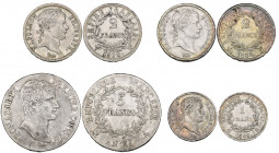 France, Napoleon as Consul, 5 francs, An 11 A, pellets beside mintmark (KM 650.1) and Napoleon as Emperor, 2 francs (2), 1808 B, Rouen, 1812 W, Lille,...