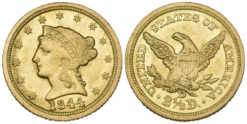 U.S.A., quarter eagle, 1844 d, Dahonlega mint, typical so0ftness of strike at ce...