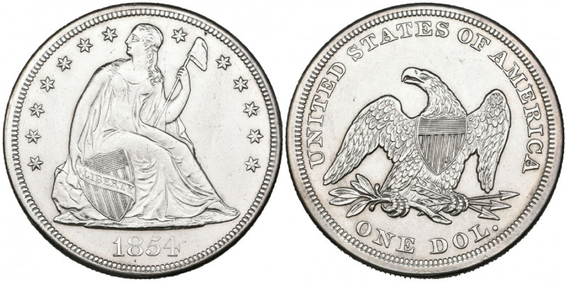 U.S.A., silver dollar, 1854, Liberty seated type, sometime cleaned and with a fe...