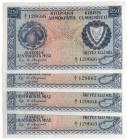 Cyprus, Republic of Cyprus, 250 mils (4), 1 December 1961, consecutive serial nos. A/1 129663 to A/1 29666, blue and multicoloured (Pick 37a), uncircu...