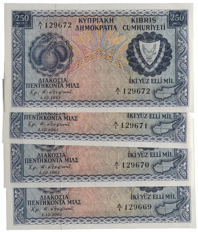 Cyprus, Republic of Cyprus, 250 mils (4), 1 December 1961, consecutive serial no...