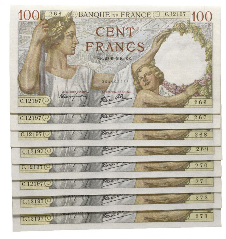 France, Banque de France, 100 francs (8), 20 June 1940, consecutive serial nos. ...