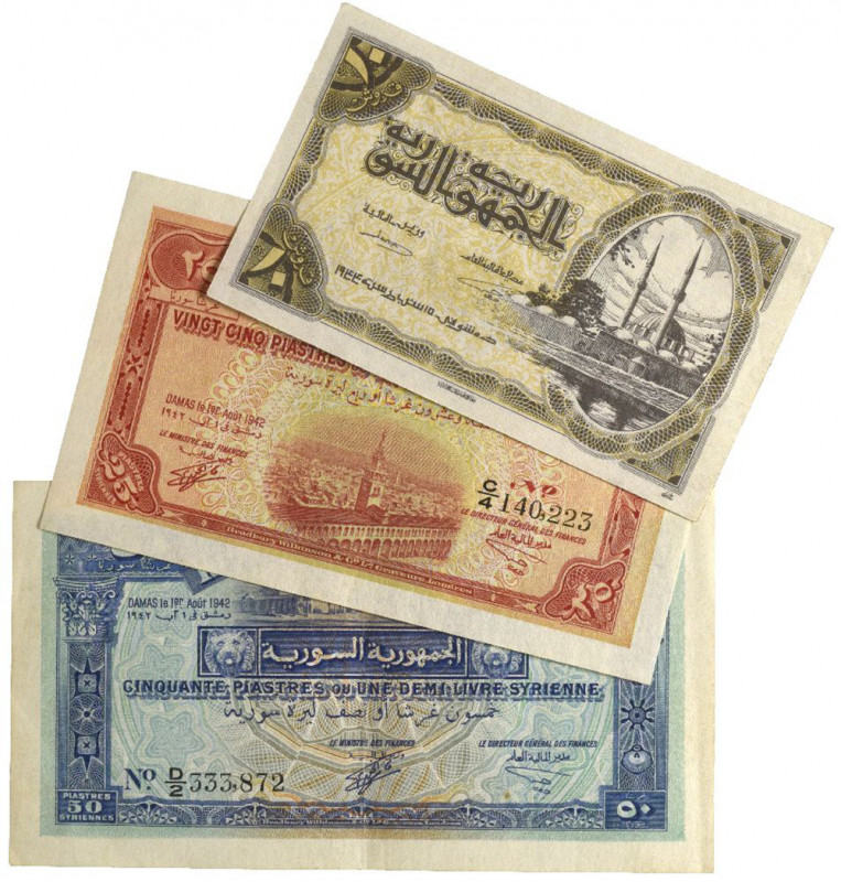 Syria, République Syrienne, 10, 25 and 50 piastres, issues of 1942 (Pick 50, 51 ...