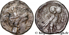 CALABRIA - TARAS
Type : Drachme 
Date : c. 302-281 AC. 
Mint name / Town : Tarente, Calabre 
Metal : silver 
Diameter : 15  mm
Orientation dies : 12  ...