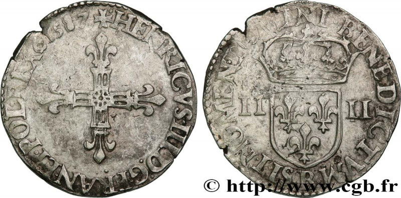 HENRY III
Type : Quart d'écu, croix de face 
Date : 1587 
Mint name / Town : Rou...