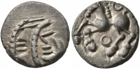 CELTIC, Central Gaul. Aedui. Circa 80-50 BC. Quinarius (Silver, 13 mm, 1.67 g, 3 h). Jugate stylized male heads to left, the lips formed out of straig...