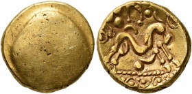CELTIC, Northeast Gaul. Ambiani. Circa 60-50 BC. Stater (Gold, 17 mm, 6.12 g). Blank convex surface. Rev. Celticized horse galloping to right, horsema...