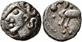 CELTIC, Northeast Gaul. Treveri. Early to mid 1st century BC. Quinarius (Silver, 12 mm, 1.88 g, 2 h), 'Winkelnase' type. Male head with curly hair to ...