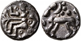 CELTIC, Northeast Gaul. Treveri. Mid 1st century BC. Quinarius (Silver, 11 mm, 1.63 g, 4 h), 'Marberg' type. Male figure seated to left, with tree to ...