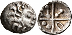 CELTIC, Central Europe. Vindelici. Early 1st century BC. Quinarius (Silver, 15 mm, 1.81 g), 'Kreuzquinar', 'Sch&#246;naich II' type. Celticized male h...