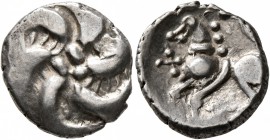 CELTIC, Central Europe. Vindelici. Mid 1st century BC. Quinarius (Silver, 14 mm, 1.89 g), 'B&#252;schelquinar' type. Head devolved into a bush. Rev. H...