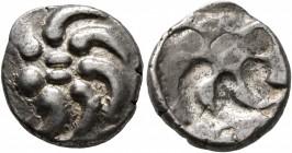 CELTIC, Central Europe. Vindelici. Mid 1st century BC. Quinarius (Silver, 13 mm, 1.93 g), 'B&#252;schelquinar' type, brockage strike. Head devolved in...