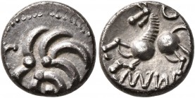 CELTIC, Central Europe. Vindelici. Mid 1st century BC. Quinarius (Silver, 11 mm, 1.47 g), 'B&#252;schelquinar' type. Head devolved into a bush. Rev. /...