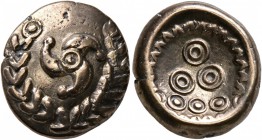 CELTIC, Central Europe. Uncertain tribe. Early 1st century BC. Stater (Electrum, 17 mm, 6.06 g, 12 h), 'Mardorf' type. Triskeles within a wreath forme...