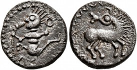 CELTIC, Central Europe. Uncertain tribe. Mid to late 1st century BC. Quinarius (Silver, 13 mm, 1.70 g, 1 h), 'Tanzendes M&#228;nnlein' type. Male figu...