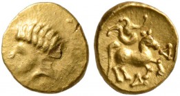 CELTIC, Central Europe. Boii. 2nd century BC. 1/24 Stater (Gold, 6 mm, 0.35 g, 1 h). Male head to left. Rev. Horse prancing right with three-whirled o...