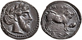 SICILY. Abakainon. Circa 430-420 BC. Litra (Silver, 12 mm, 0.56 g, 5 h). Laureate and bearded male head to right. Rev. ABA / KAINI Sow standing right;...