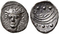 SICILY. Kamarina (?). Circa 413-410 BC. Hemilitra (Silver, 9 mm, 0.39 g, 7 h). ΣIKA Head of a horned river-god facing with flowing hair. Rev. N I- KA ...