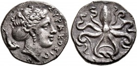 SICILY. Syracuse. Second Democracy , 466-405 BC. Litra (Silver, 11 mm, 0.71 g, 8 h), circa 410-405. ΣYPAKOΣIΩN Head of Arethusa to right, wearing simp...
