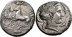 SICILY. Syracuse. Dionysios I , 405-367 BC. Tetradrachm (Silver, 26 mm, 16.82 g, 3 h), signed by K..., circa 405-400. Charioteer driving quadriga gall...