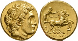 KINGS OF MACEDON. Philip II, 359-336 BC. Stater (Gold, 18 mm, 8.68 g, 12 h), Kolophon, struck under Philip III by Menander or Kleitos, circa 322-319. ...