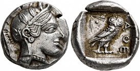 ATTICA. Athens. Circa 430s-420s BC. Drachm (Silver, 15 mm, 4.25 g, 12 h). Head of Athena to right, wearing crested Attic helmet decorated with three o...