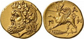CIMMERIAN BOSPOROS. Pantikapaion. Circa 340-325 BC. Stater (Gold, 21 mm, 9.09 g, 11 h). Head of Pan with a pointed beard, a goat’s ear and a pug nose ...