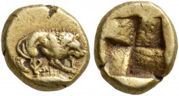 MYSIA. Kyzikos. Circa 500-450 BC. 1/24 Stater (Electrum, 7 mm, 0.67 g). Lion to right, gnawing on leg of prey; below, tunny to right. Rev. Quadriparti...