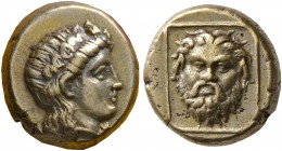 LESBOS. Mytilene. Circa 377-326 BC. Hekte (Electrum, 11 mm, 2.51 g, 12 h). Head of Dionysos to right, wearing wreath of ivy. Rev. Facing head of Silen...