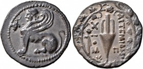 ISLANDS OFF IONIA, Chios. Circa 133-88 BC. Drachm (Silver, 20 mm, 3.64 g, 1 h), Artemidoros, magistrate. Sphinx with curved wings seated to left; befo...