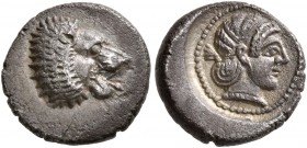 CARIA. Uncertain. Circa 450-400 BC. Diobol (Silver, 11 mm, 1.25 g, 1 h). Head of a roaring lion to right. Rev. Head of a female to right, wearing pear...