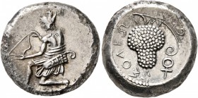 CILICIA. Soloi. Circa 410-375 BC. Stater (Silver, 20 mm, 10.68 g, 3 h), Ni..., magistrate. Amazon, nude to the waist and seen from behind, kneeling to...