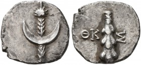 CILICIA. Uncertain. Obol (Silver, 10 mm, 0.60 g, 6 h), SE 229 = 84/3 BC. Horizontal crescent set on a thyrsos. Rev. ΘK-Σ Club. Cf. Classical Numismati...