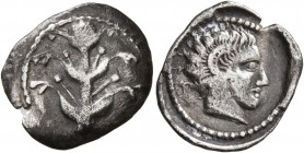 KYRENAICA. Barce. Circa 375-300 BC. Hemidrachm (Silver, 16 mm, 1.42 g, 3 h), Asiatic standard. Silphium plant with fruits. Rev. [BAP] Head of Karneios...