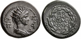 CARIA. Cidramus. Nero , as Caesar, 50-54. Hemiassarion (Bronze, 18 mm, 4.63 g, 6 h), Polemon, son of Seleukos, magistrate. NEPΩN Radiate and draped bu...