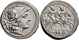 Anonymous, after 211 BC. Denarius (Silver, 20 mm, 4.13 g, 4 h), Rome. Helmeted head of Roma to right; behind, X. Rev. The Dioscuri galloping to right;...