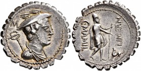 C. Mamilius Limetanus, 82 BC. Denarius (Silver, 21 mm, 3.90 g, 10 h), Rome. Draped bust of Mercury to right, wearing winged petasos and with caduceus ...