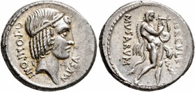 Q. Pomponius Musa, 56 BC. Denarius (Silver, 18 mm, 3.95 g, 6 h), Rome. Q•POMPONI MVSA Head of Apollo to right, hair bound with fillet. Rev. HERCVLES -...
