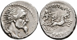 L. Hostilius Saserna, 48 BC. Denarius (Silver, 19 mm, 3.97 g, 6 h), Rome. Bearded male head with wild hair and long plaited beard to right; cloak arou...